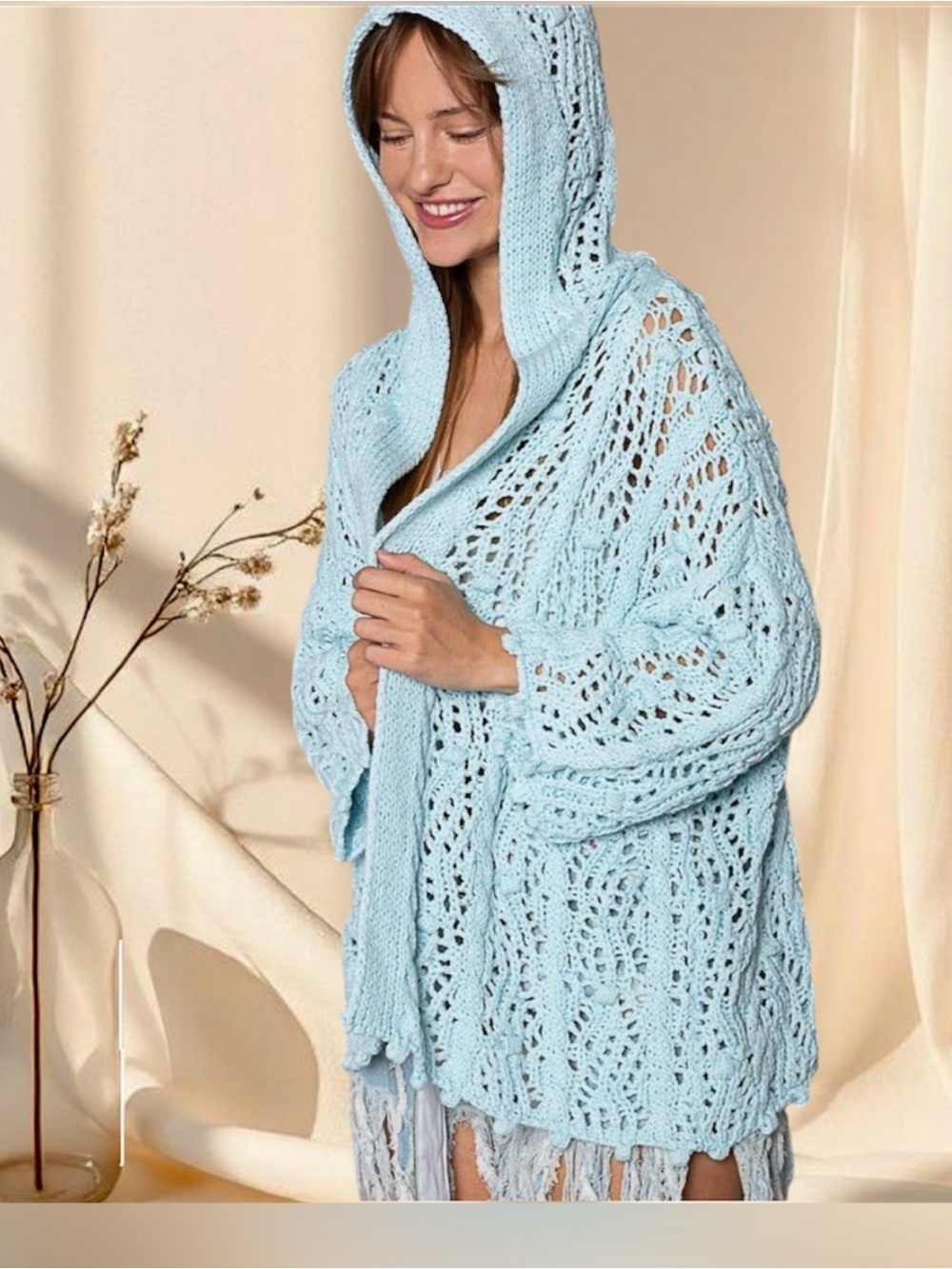 POL Light Blue Hooded Crochet Cardigan Size M Open Knit Boho Coastal Lagenlook
